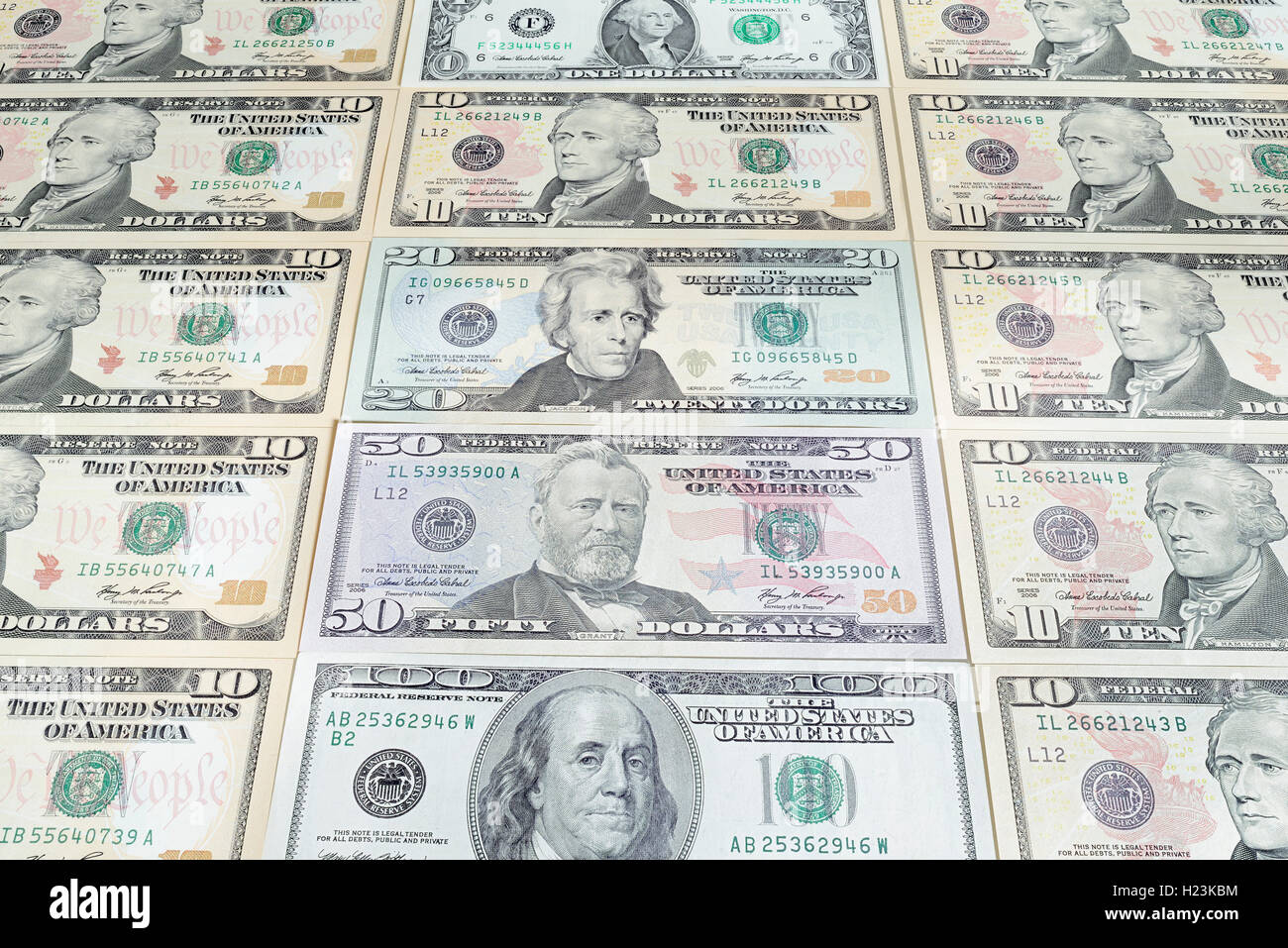 Various US dollar bills, 10, 20, 50 dollar bill Stock Photo