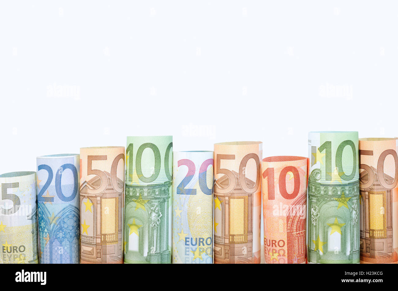 Rolls of various euro banknotes Stock Photo