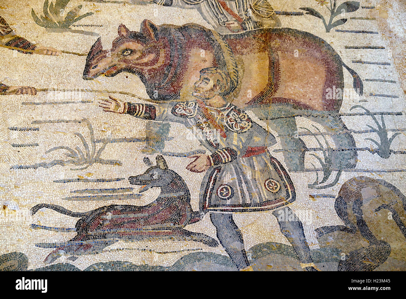 Ancient floor mosaic, Villa Casale, Villa Romana del Casale, Piazza Armerina, Sicily, Italy Stock Photo