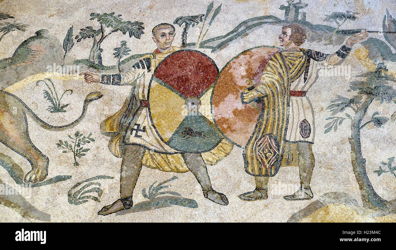 Ancient floor mosaic, Villa Casale, Villa Romana del Casale, Piazza Armerina, Sicily, Italy Stock Photo