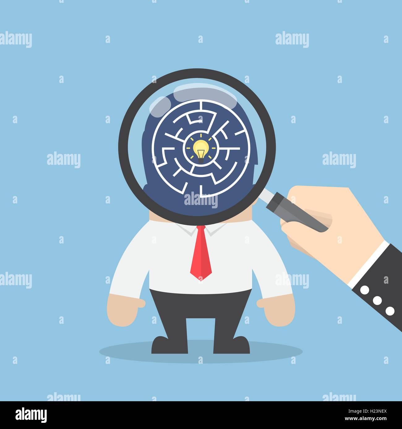 Hand use magnifying glass to search idea in businessman head, searching for good idea concept Stock Vector