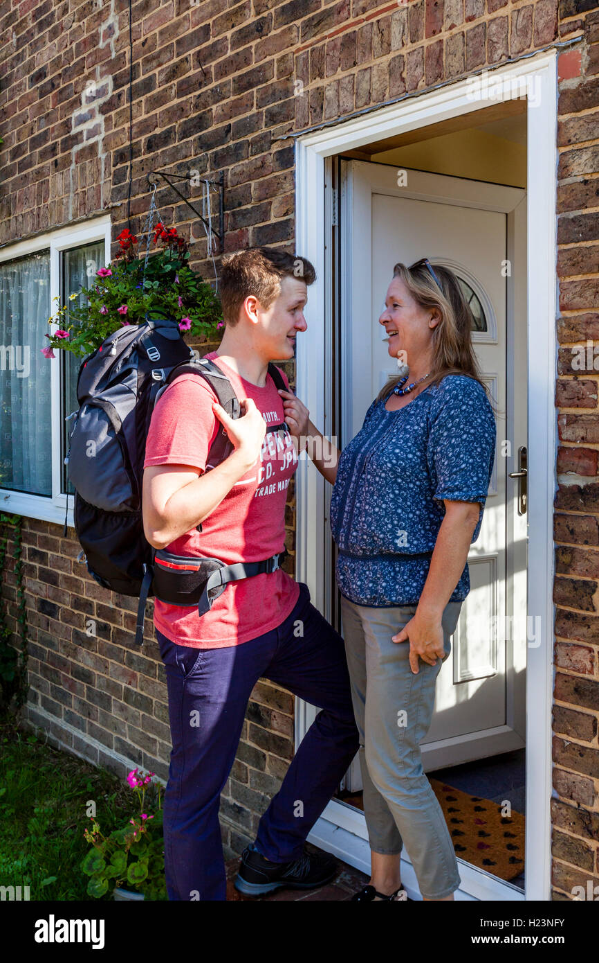 A Young Man Says Goodbye To His Mother To Go Travelling, Sussex, UK Stock Photo