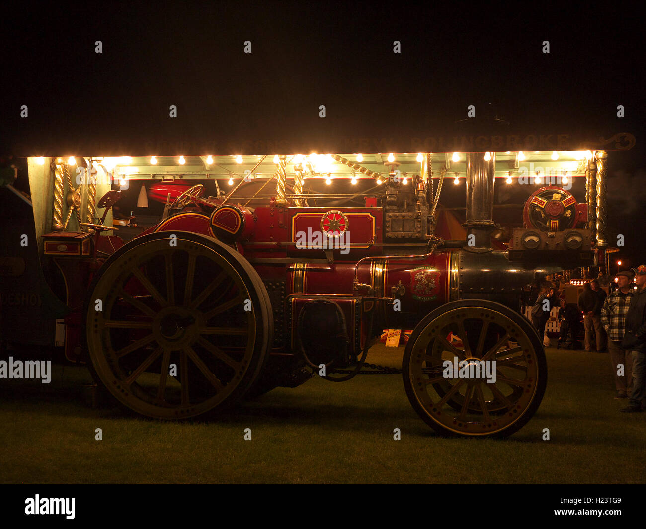 Showman's traction engine working at night generating lighting at the Lincoln steam and vintage rally Stock Photo