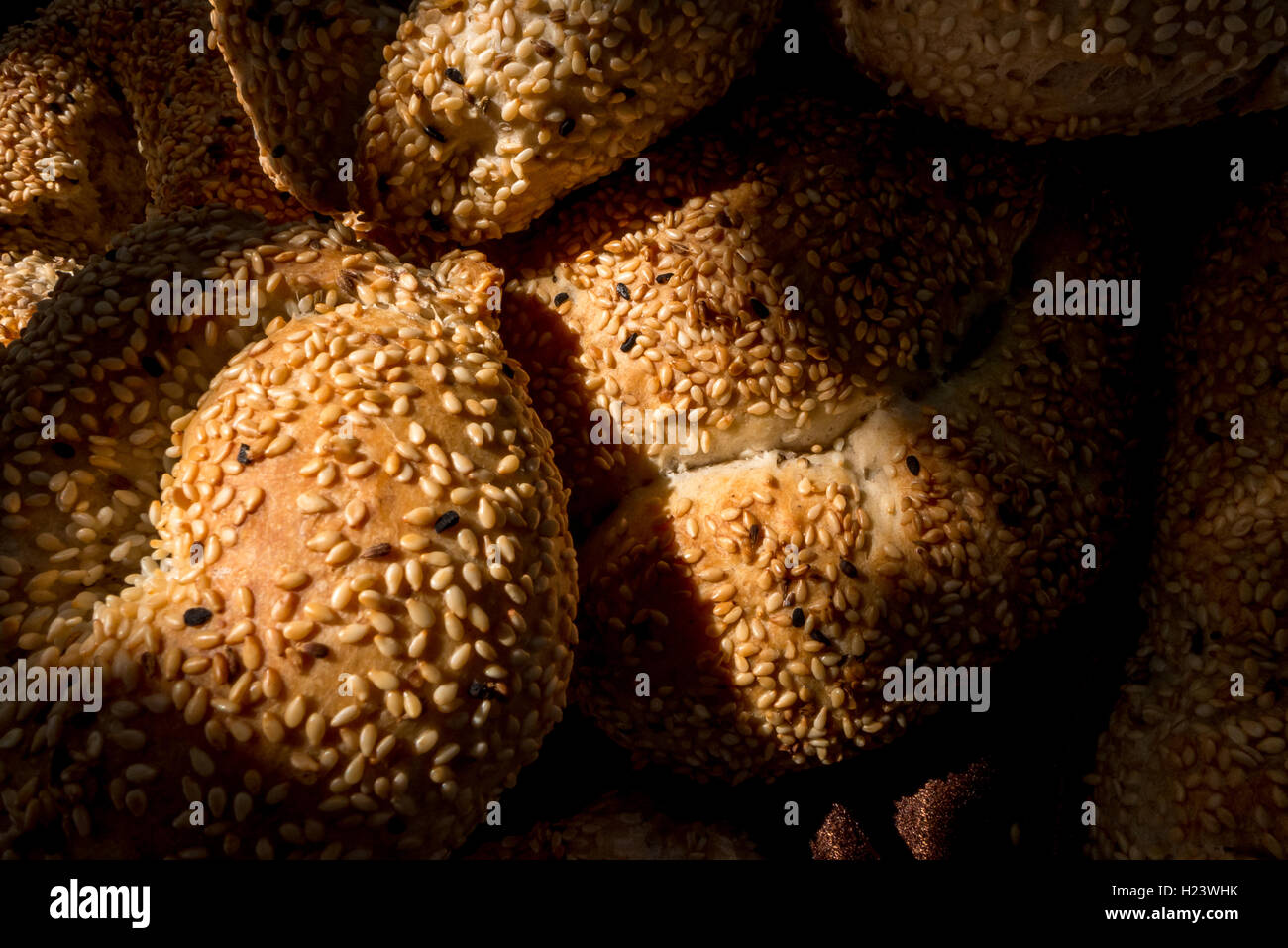 Traditional Turkish sesame seed bread rolls arrive freshly made Stock