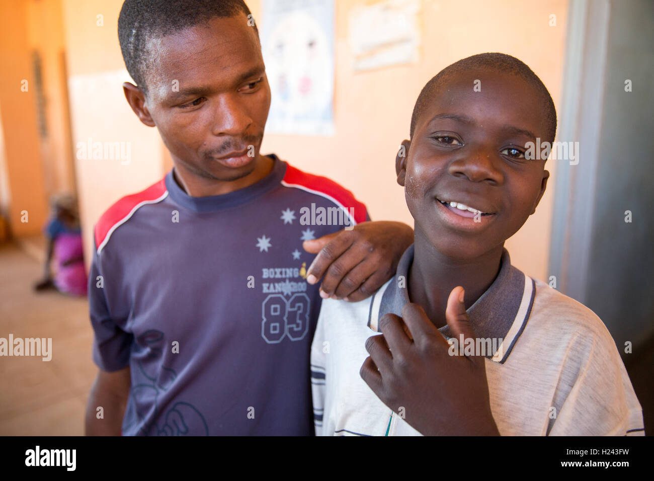 Ribaue Hospital, Ribaue,  Nampula Province, Mozambique, August 2015:  Saide Antonio, 16,  after his first cataract operation the day before. Photo by Mike Goldwater Stock Photo