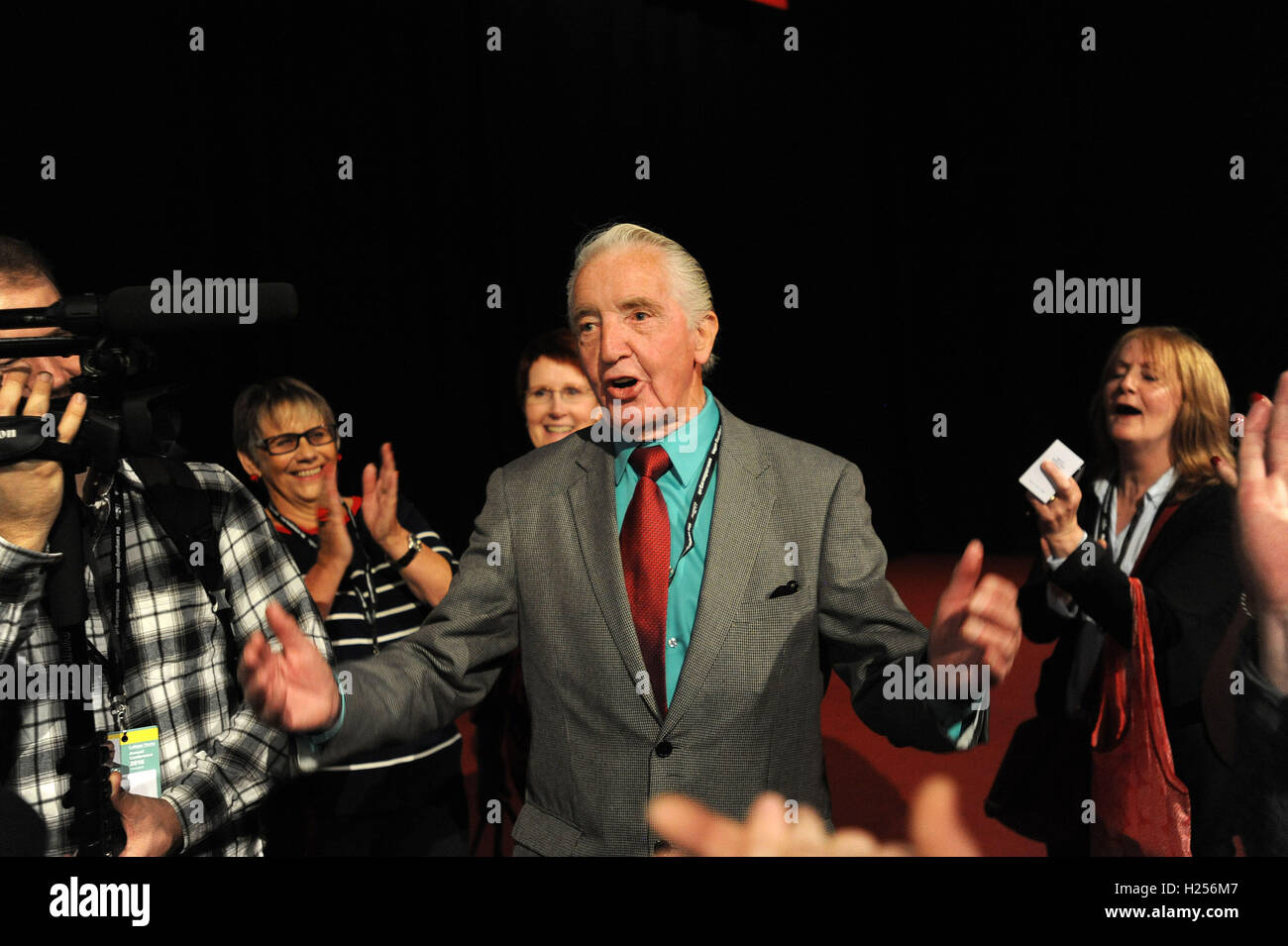 Liverpool, England. 24th September, 2016.  Jeremy Corbyn is announced as the new leader of the Labour Party at the ACC Conference Centre. Dennis Skinner mp talks to reporters of his support for Jeremy Corbyn. Mr CorbynÕs victory followed nine weeks of campaigning against fellow candidate, Owen Smith. This is his second leadership victory in just over twelve months and was initiated by the decision of Angela Eagle to stand against him. Kevin Hayes/Alamy Live News Stock Photo