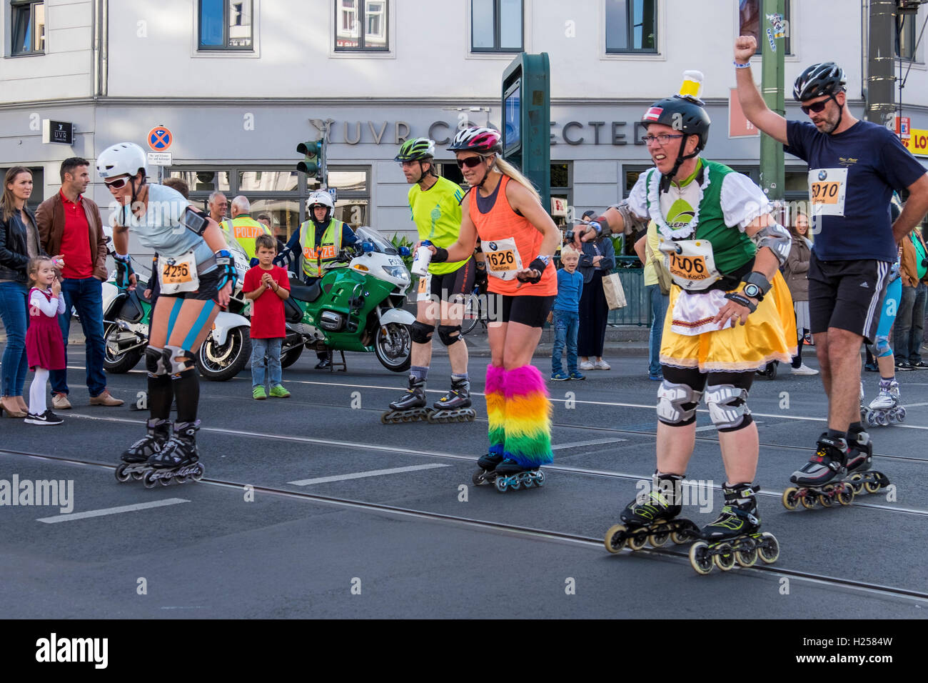 Berlin Germany, 24th September 2016. In-line skaters pass through Rosenthalerplatz during the annual In-line skating marathon Credit: Eden Breitz/Alamy Live News Stock Photo