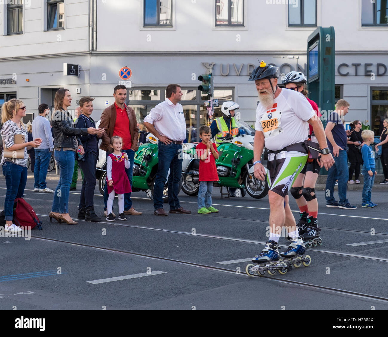 Berlin Germany, 24th September 2016. In-line skaters pass through Rosenthalerplatz during the annual In-line skating marathon Credit:  Eden Breitz/Alamy Live News Stock Photo