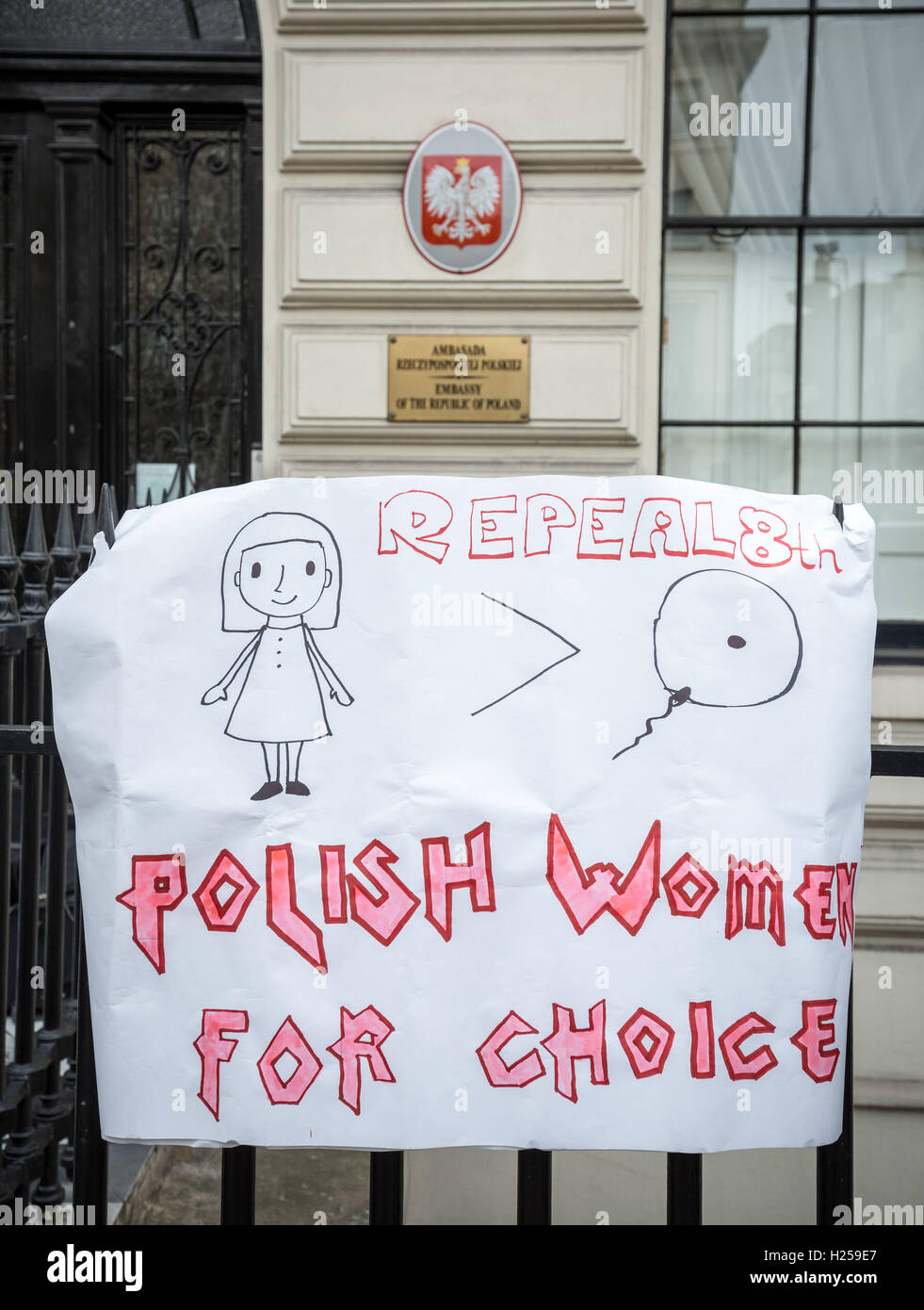London, UK. 24th September, 2016. Protest outside the Polish Embassy in London against Poland’s right-wing lawmakers on-going push towards a near-total ban on abortion in devoutly Catholic Poland Credit:  Guy Corbishley/Alamy Live News Stock Photo