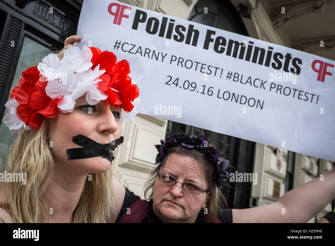 London, UK. 24th September, 2016. Protest outside the Polish Embassy in London against Poland’s right-wing lawmakers on-going push towards a near-total ban on abortion in devoutly Catholic Poland Credit:  Guy Corbishley/Alamy Live News Stock Photo