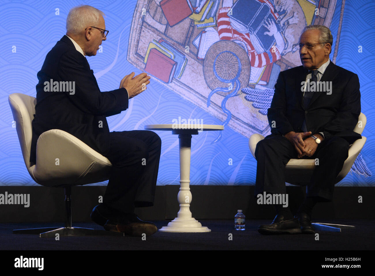 Washington, District of Columbia, USA. 24th Sep, 2016. Bob Woodward, journalist with the Washington Post, on the Main Stage of the 2016 Library of Congress National Book Festival in conversation with Festival Board Co-Chairman David M. Rubenstein, co-founder of the Carlyle Group. © Evan Golub/ZUMA Wire/Alamy Live News Stock Photo