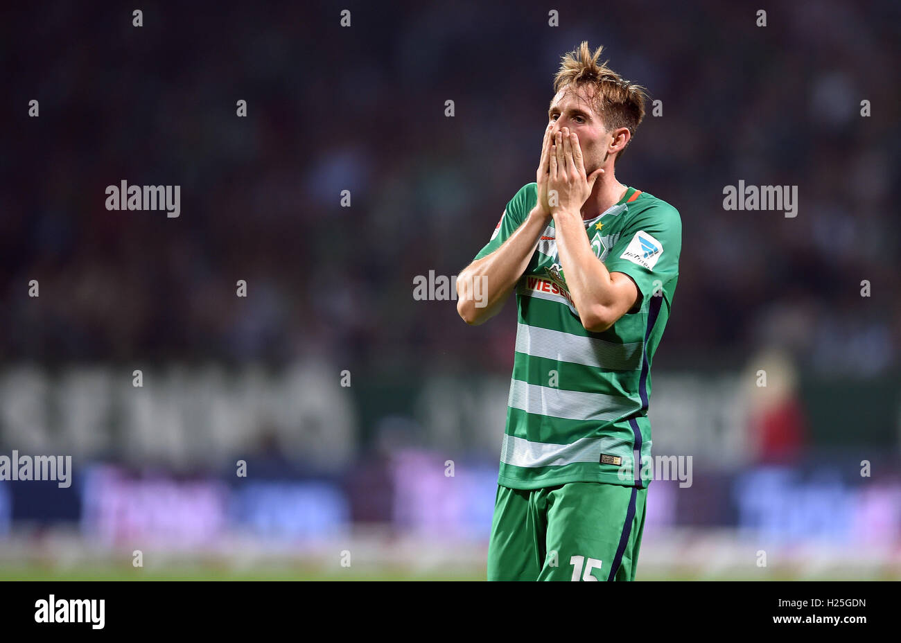Bremen's Izet Hajrovic in action during the German Bundesliga soccer match between Werder Bremen and VfL Wolfsburg in the Weserstadion in Bremen, Germany, 24 September 2016. Photo: CARMEN JASPERSEN/dpa    (EMBARGO CONDITIONS - ATTENTION - Due to the accreditation guidelines, the DFL only permits the publication and utilisation of up to 15 pictures per match on the internet and in online media during the match) Stock Photo