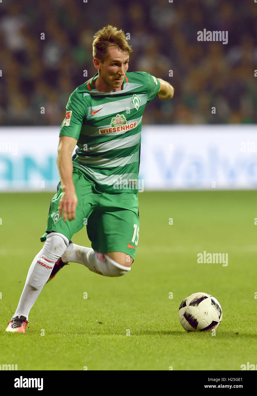 Bremen's Izet Hajrovic in action during the German Bundesliga soccer match between Werder Bremen and VfL Wolfsburg in the Weserstadion in Bremen, Germany, 24 September 2016. Photo: CARMEN JASPERSEN/dpa    (EMBARGO CONDITIONS - ATTENTION - Due to the accreditation guidelines, the DFL only permits the publication and utilisation of up to 15 pictures per match on the internet and in online media during the match) Stock Photo