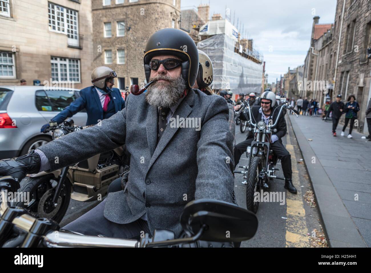 Edinburgh, Scotland, UK. 25th September, 2016. Over a hundred bikers took to the streets of Edinburgh in The Distinguished GentlemanÕs Ride, a worldwide charity event raising funds and awareness for mens health, specifically prostate cancer research and suicide prevention. Credit:  Richard Dyson/Alamy Live News Stock Photo