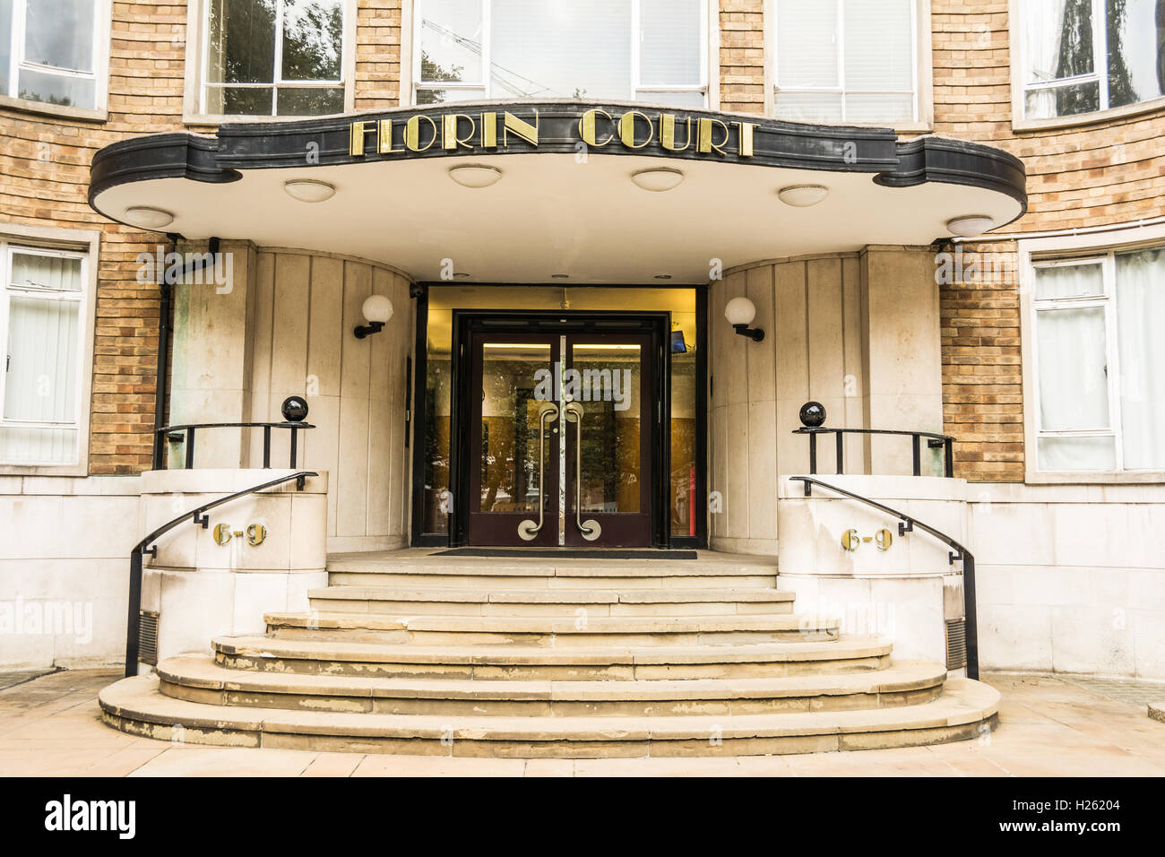 View of the exterior of the Art Deco entrance to Florin Court