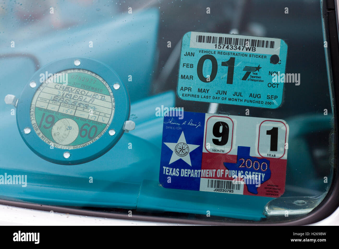 Tax disc and Texas department of public safety sticker Stock Photo