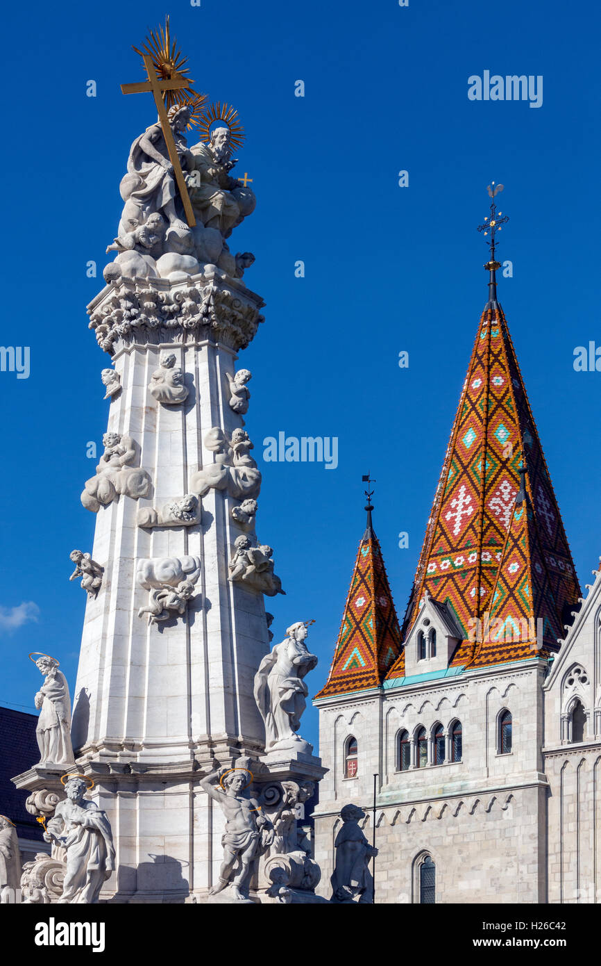 Holy Trinity Square and Matthias Church (also called Church of Our Lady of Buda or Matyas Church) in Budapest, Hungary. Stock Photo
