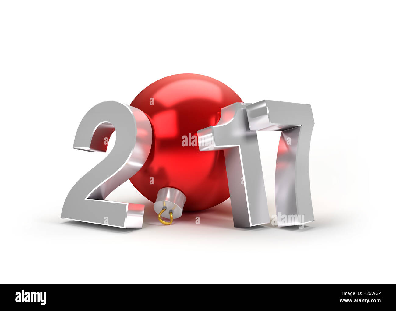 New Year 2017 type with a red christmas ball - 3D illustration Stock Photo
