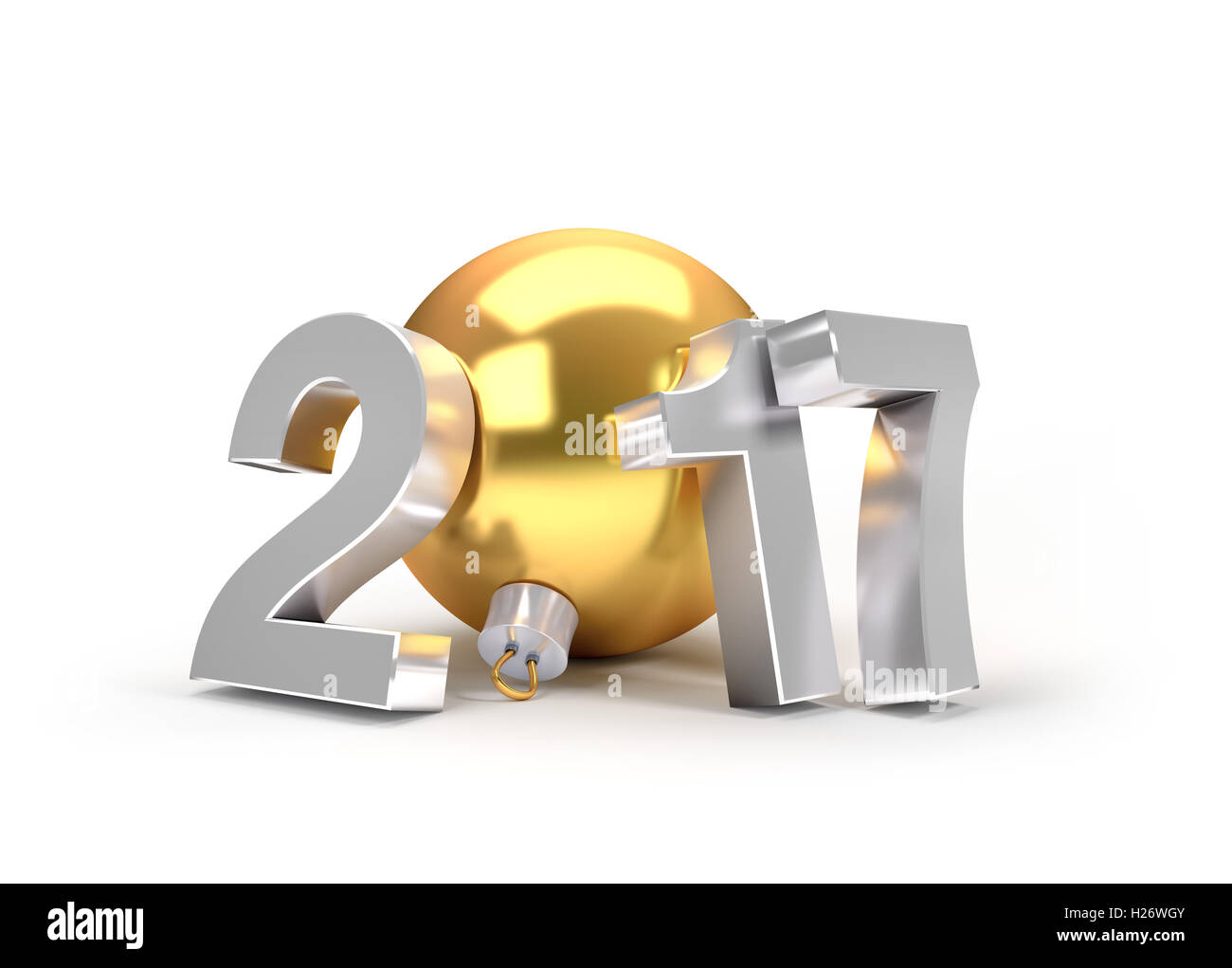 New Year 2017 type with a gold christmas ball - 3D illustration Stock Photo