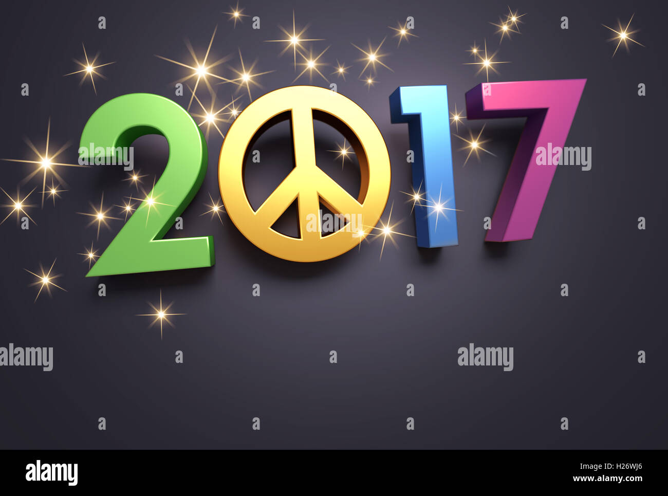 Colorful 2017 year type with peace and love symbol on a festive black background - 3D illustration Stock Photo