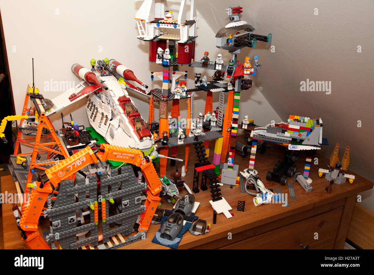 Assortment of Lego figures including Star Wars characters and space ships.  St Paul Minnesota MN USA Stock Photo