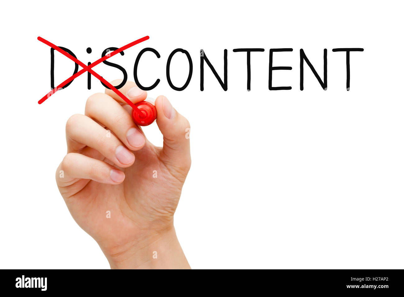 Hand turning the word Discontent into Content with red marker isolated on white. Stock Photo