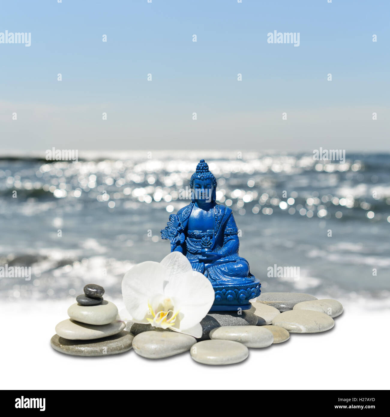 Blue Medicine Buddha Bhaisajyaguru,zen stone,white orchid flowers and sky Stock Photo