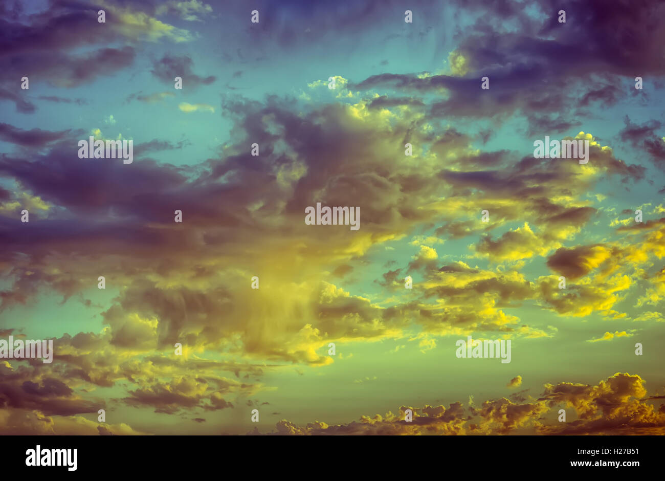 Beautiful blue sky with cumulus clouds at sunset. HDR photo Stock Photo ...