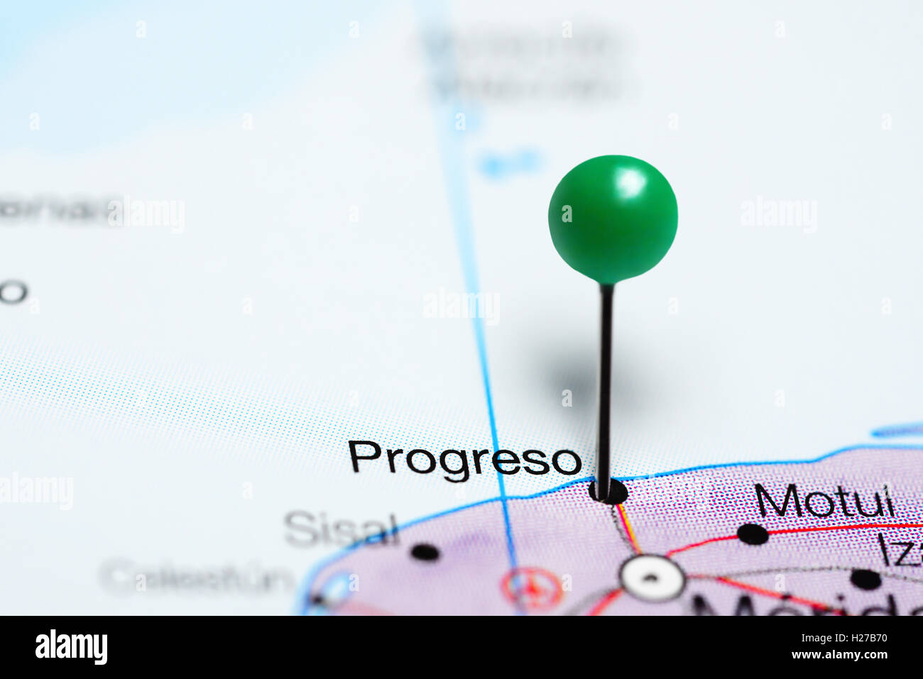 Progreso pinned on a map of Mexico Stock Photo