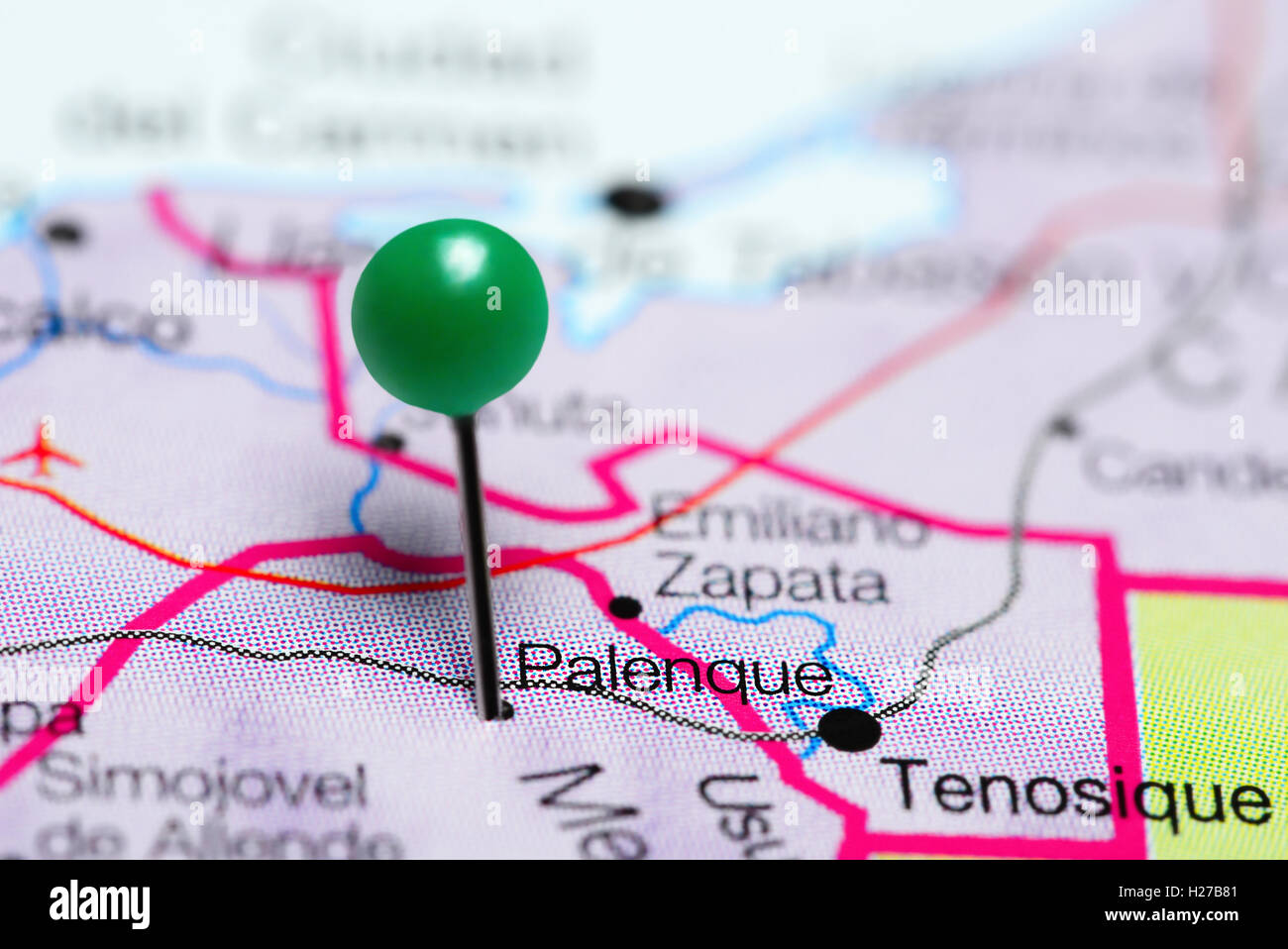 Palenque pinned on a map of Mexico Stock Photo