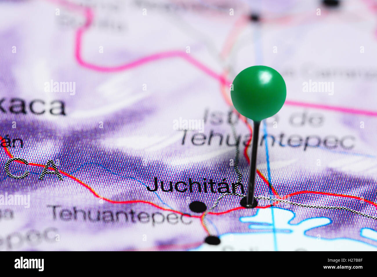 Juchitan pinned on a map of Mexico Stock Photo