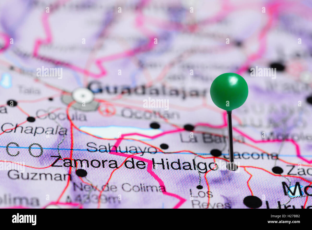 Zamora de Hidalgo pinned on a map of Mexico Stock Photo