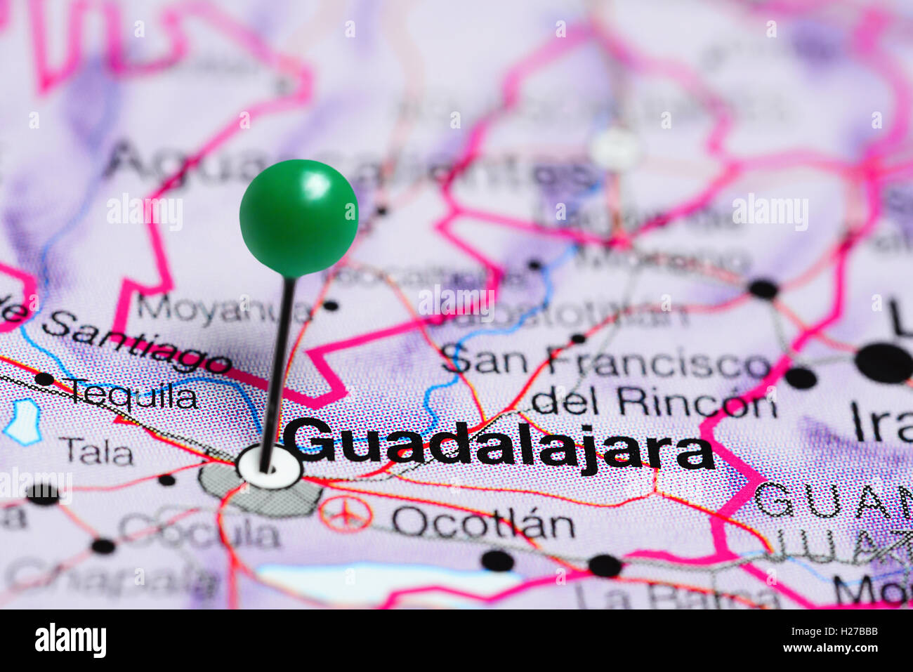 Guadalajara pinned on a map of Mexico Stock Photo