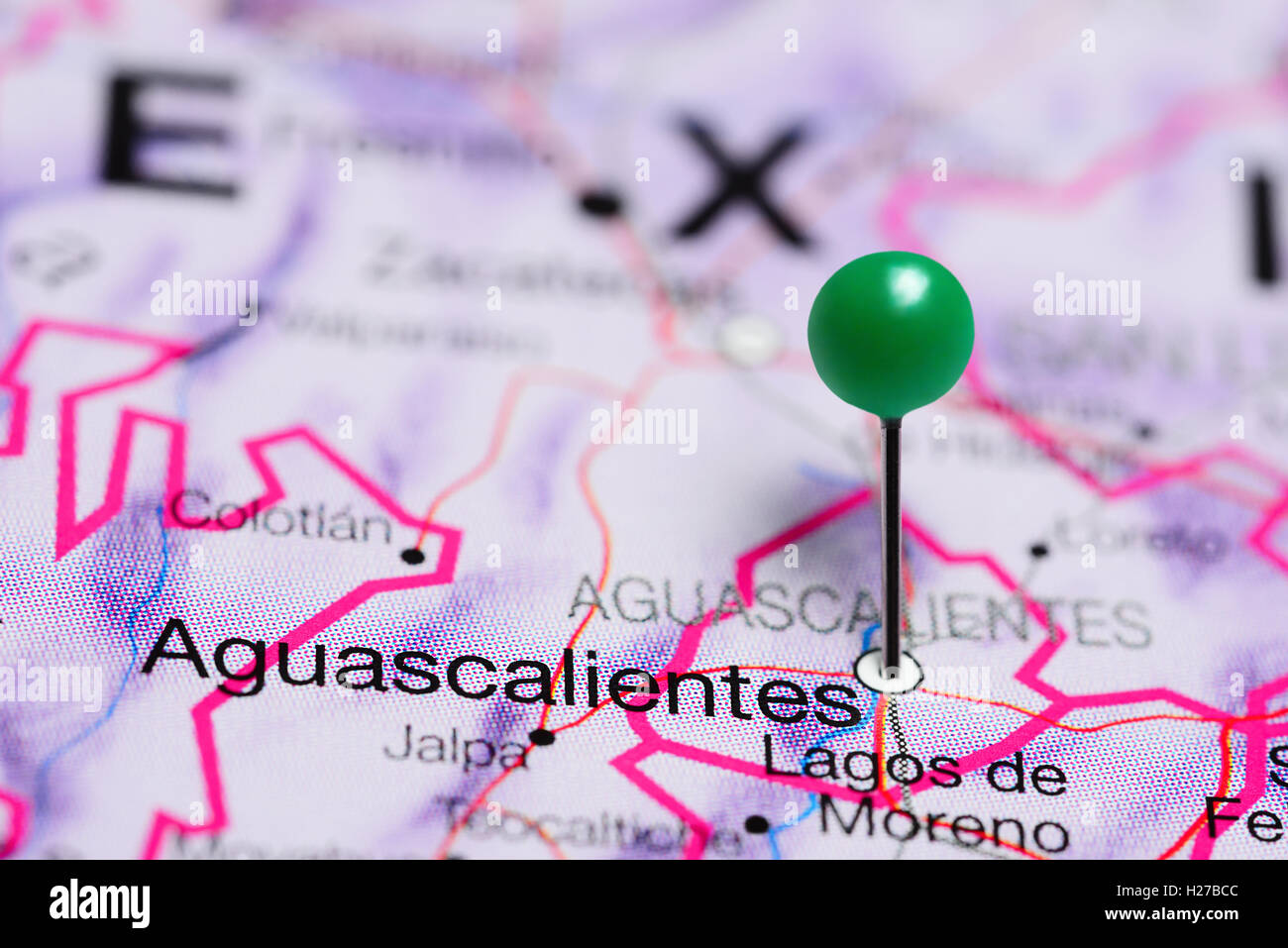 Aguascalientes pinned on a map of Mexico Stock Photo