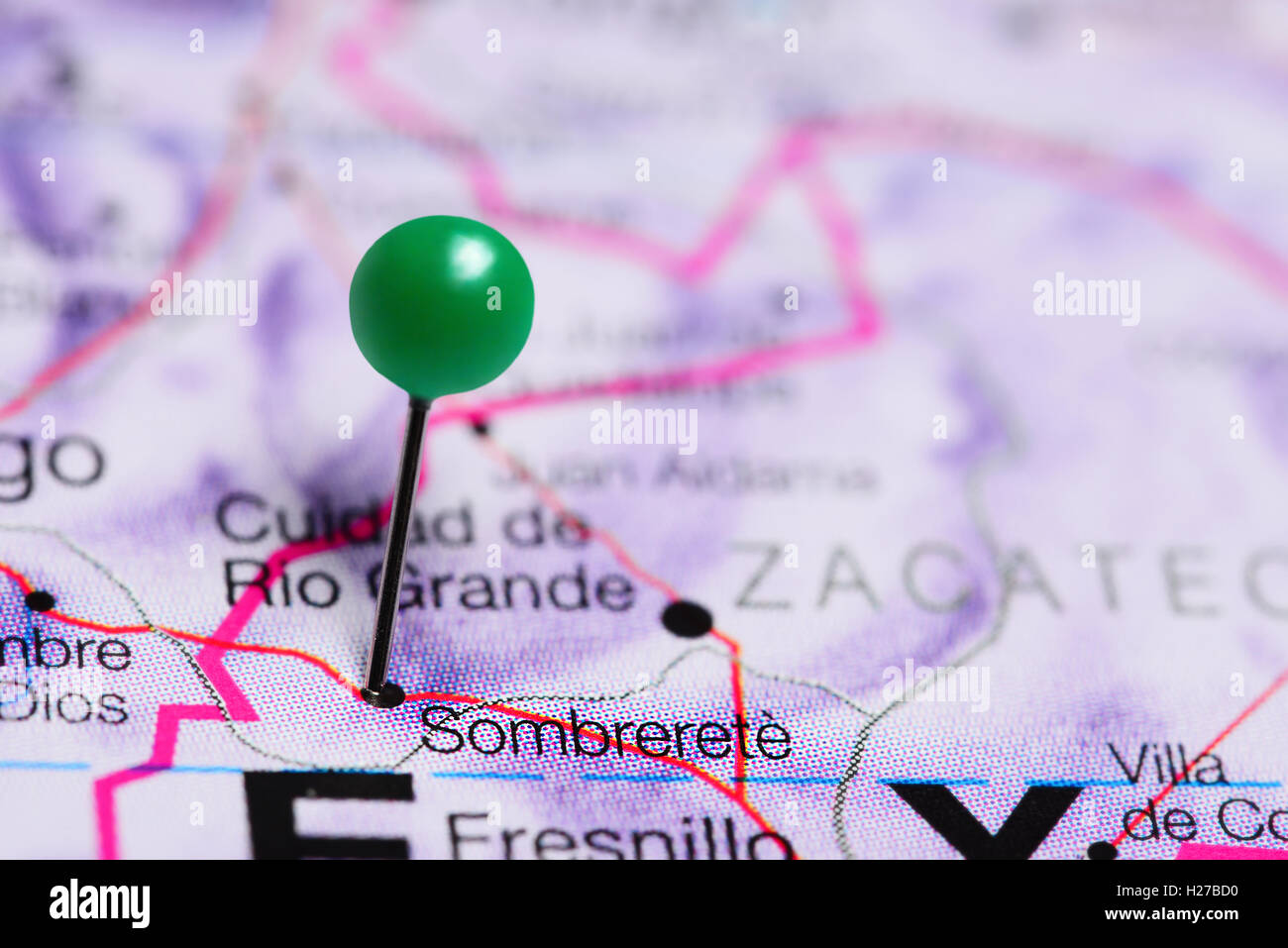 Sombrerete pinned on a map of Mexico Stock Photo
