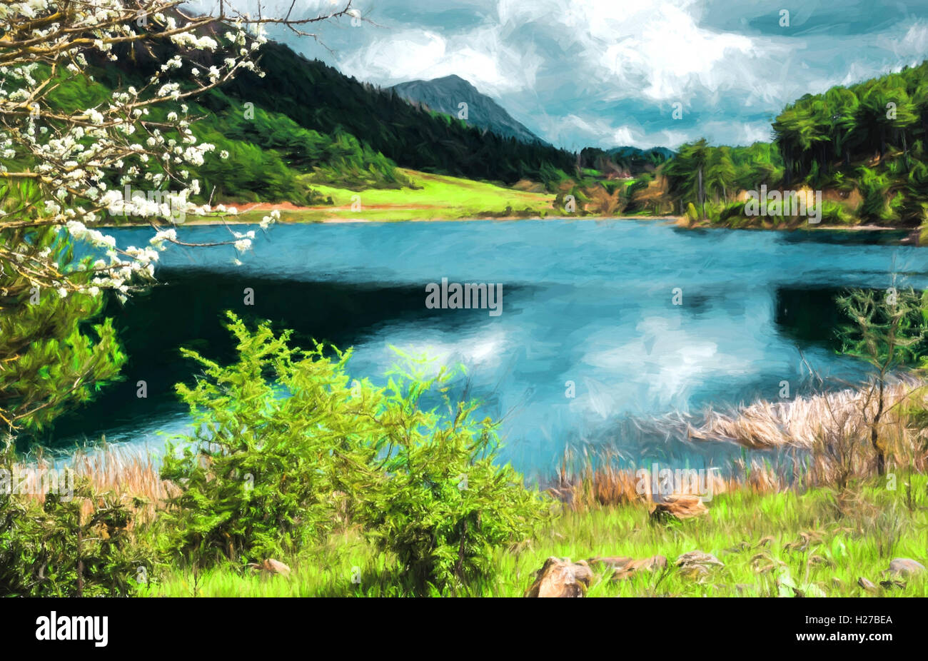 A blue lake under a cloudy sky in the mountains - landscape - painting ...