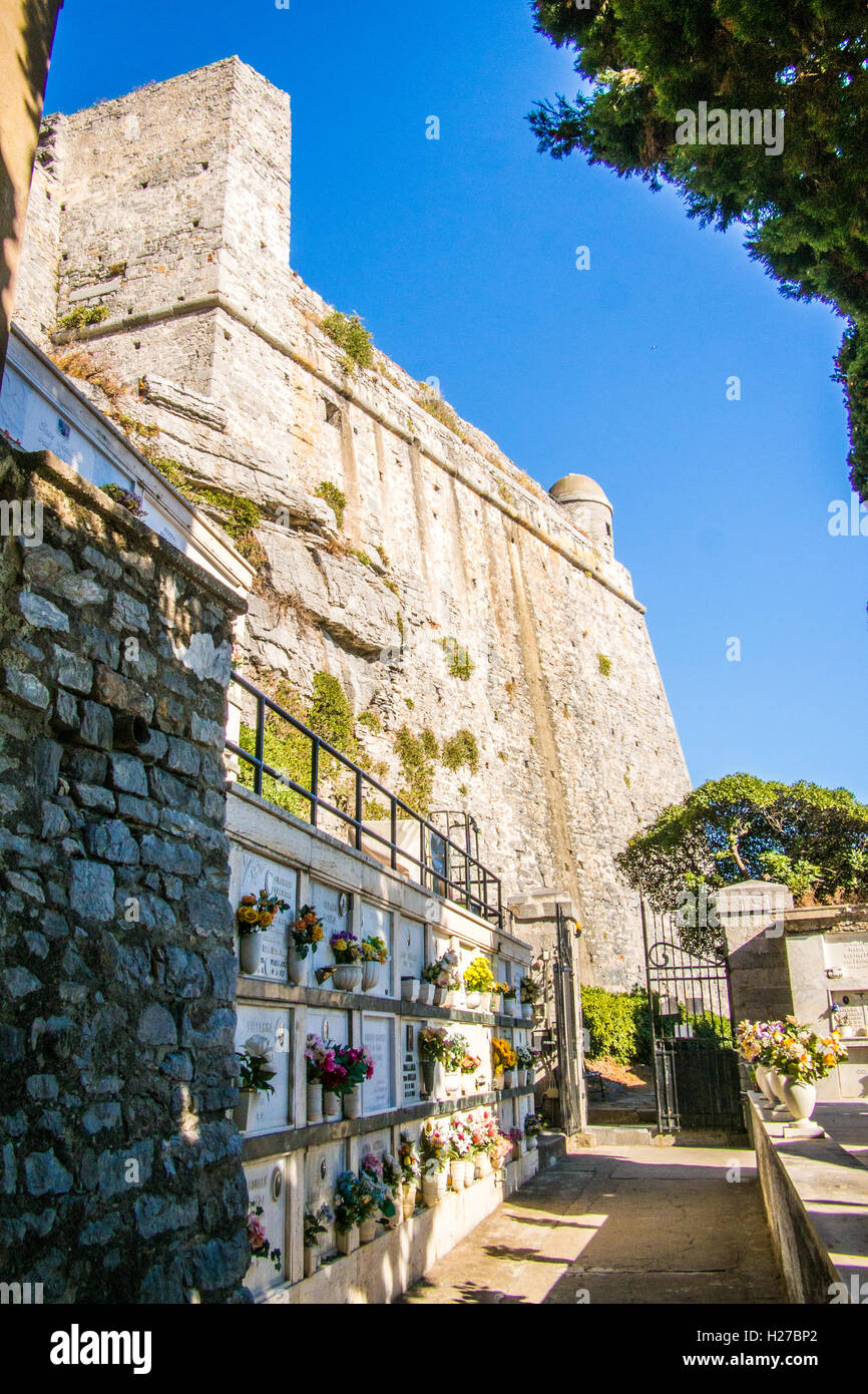 Castle Doria with the cemetery in the foreground, Portovenere, La Spezia province, Liguria, Italy. Stock Photo