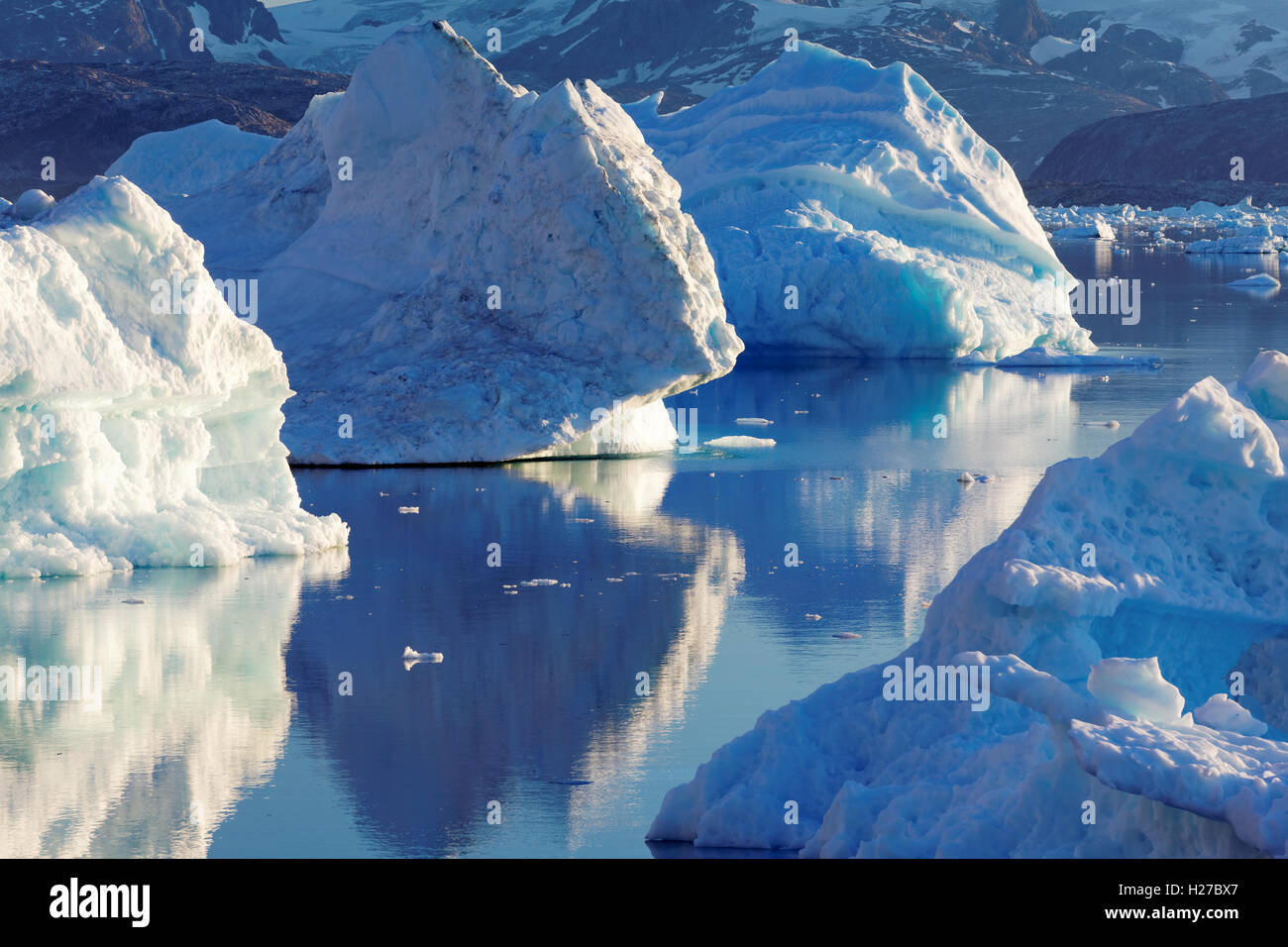 Icebergs on Sermilik Fjord near settlement of Tiniteqilaq, East Greenland Stock Photo
