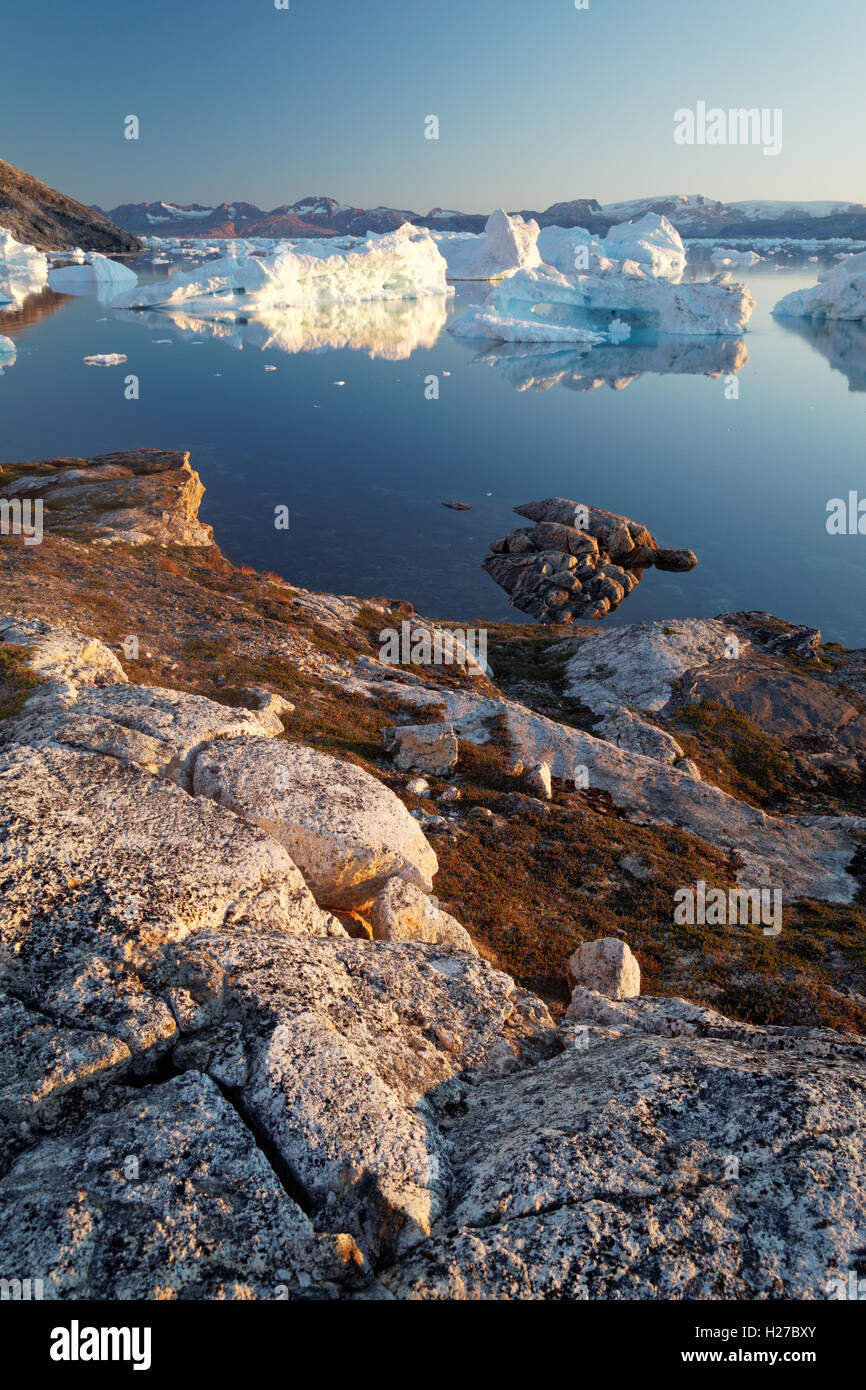 Icebergs and bedrock at dusk along Sermilik Fjord near settlement of Tiniteqilaq, East Greenland Stock Photo