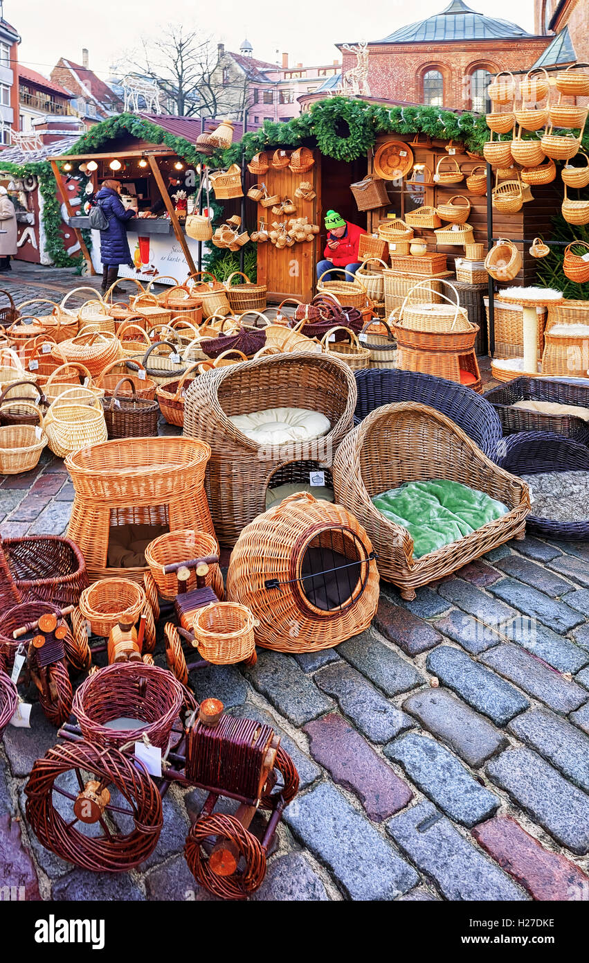 Riga, Latvia - December 25, 2015: Straw basket on the display for sale at  the Christmas Market