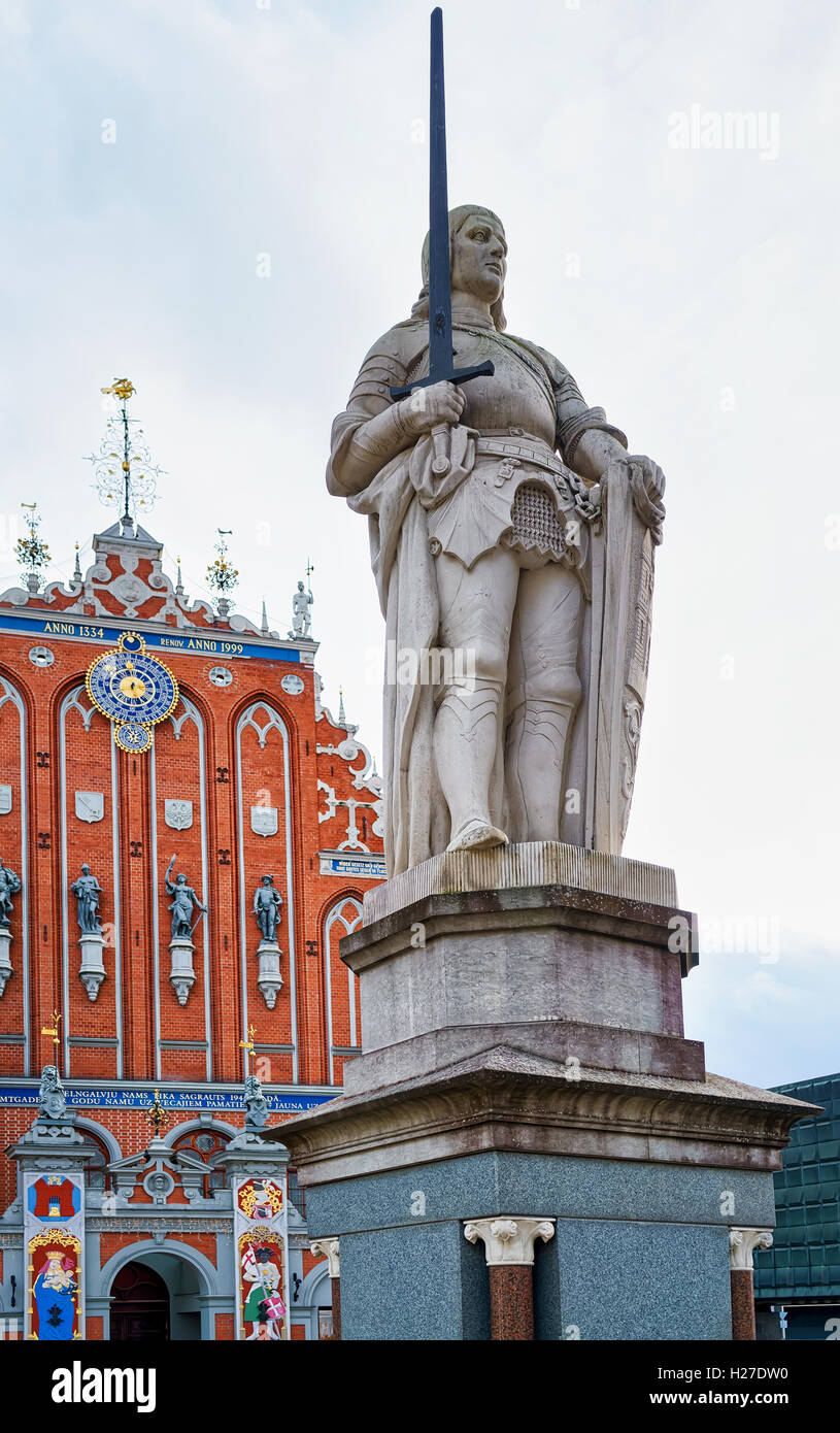 Statue of Roland in the center of Riga, Latvia. It is the symbol of freedom  of the city. The knight with a drawn sword usually locates on market  squares and in front