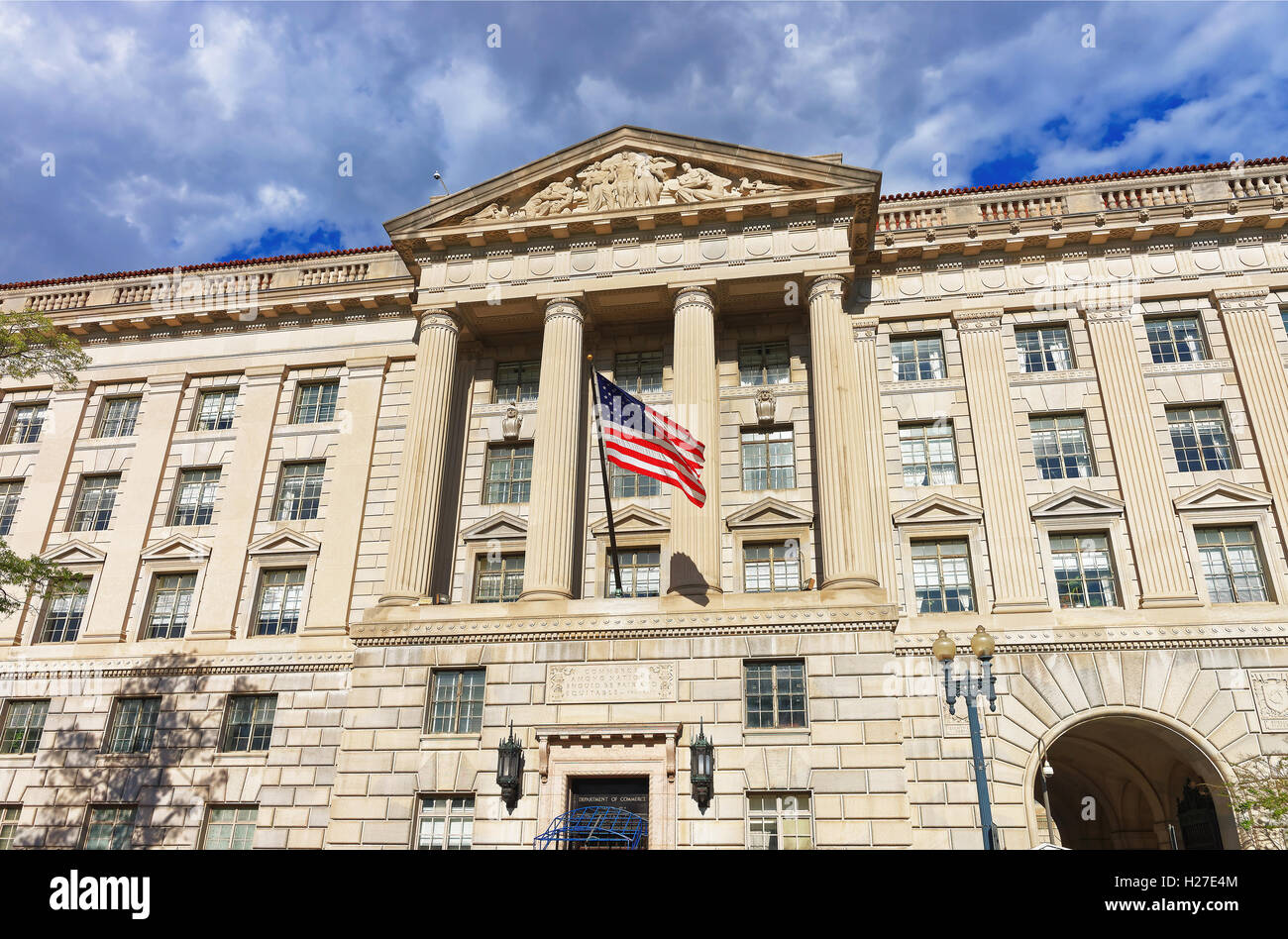 Herbert C. Hoover Building is located in Washington D.C., USA. It is the headquarters for the United States Department of Commerce. It was built in 1932 and renamed after Herbert Hoover in 1981. Stock Photo