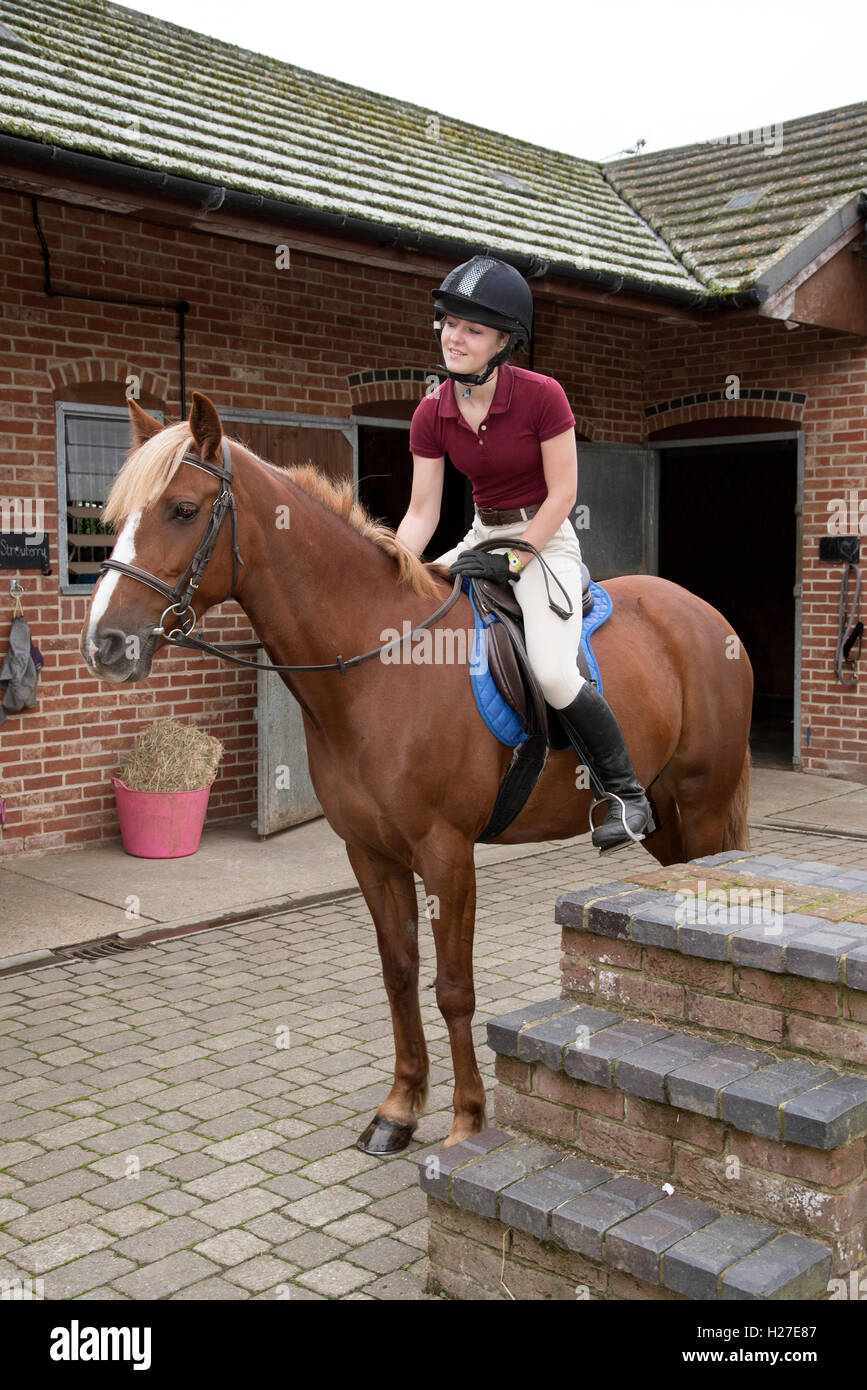 Young rider using a mounting block - Teenager using the steps on a ...
