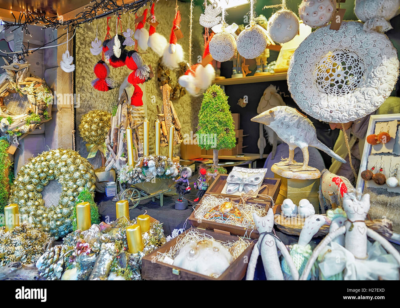 Riga, Latvia - December 25, 2015: Stall with different souvenirs made ...