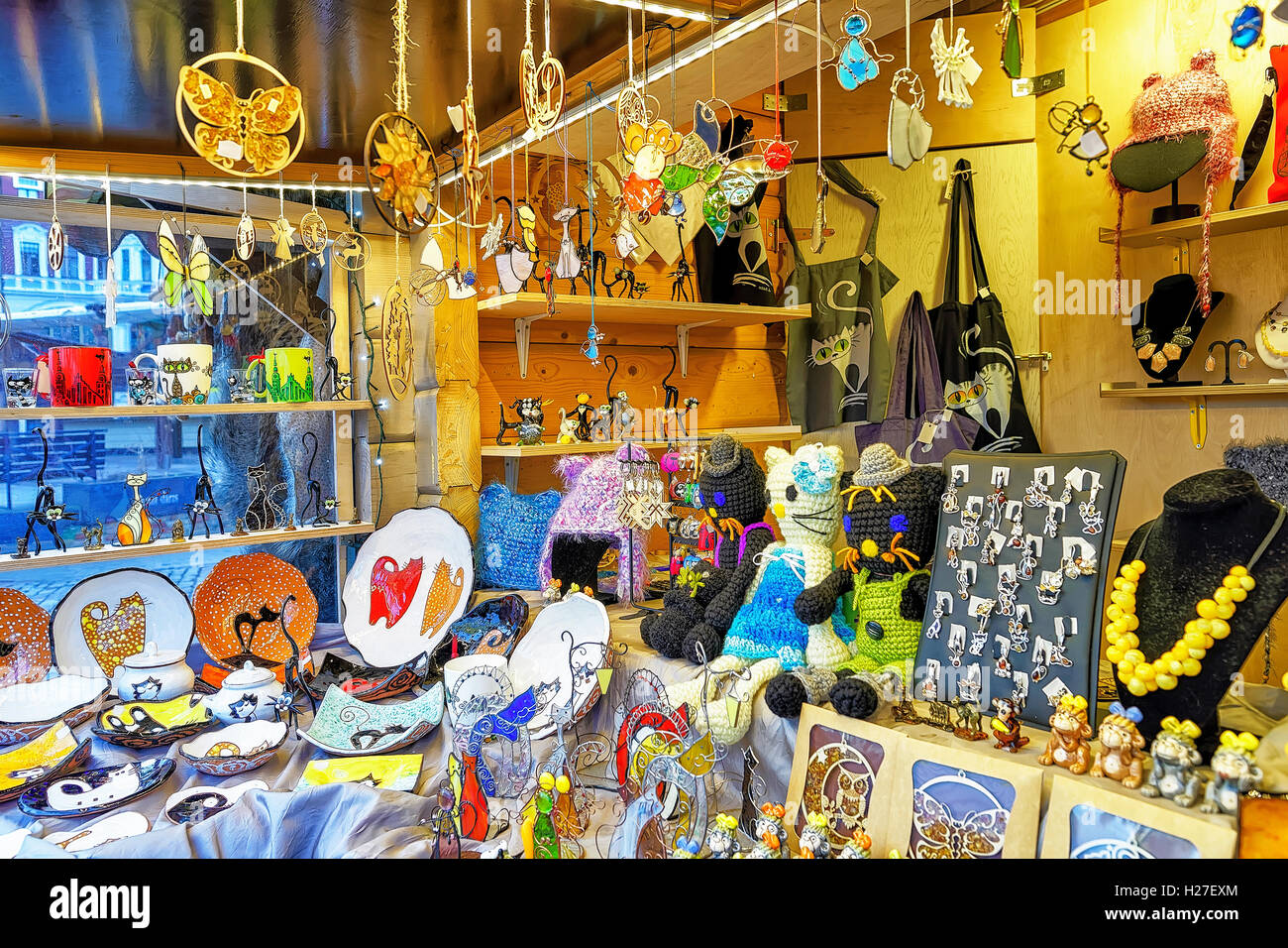 Riga, Latvia - December 25, 2015: Stall with different souvenirs with ...