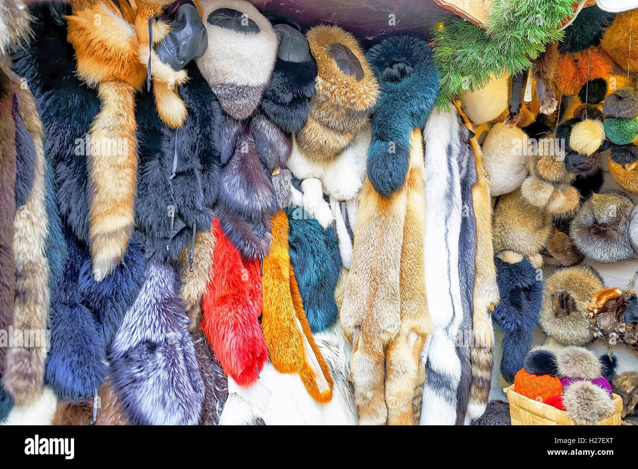 Riga, Latvia December 25, 2015 Clothes made from animal skin and fur