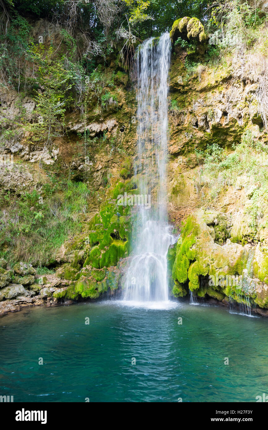 Lisine Waterfall called Veliki Buk, a famous tourist spot in Eastern Serbia. The water flows into Resava river. Stock Photo