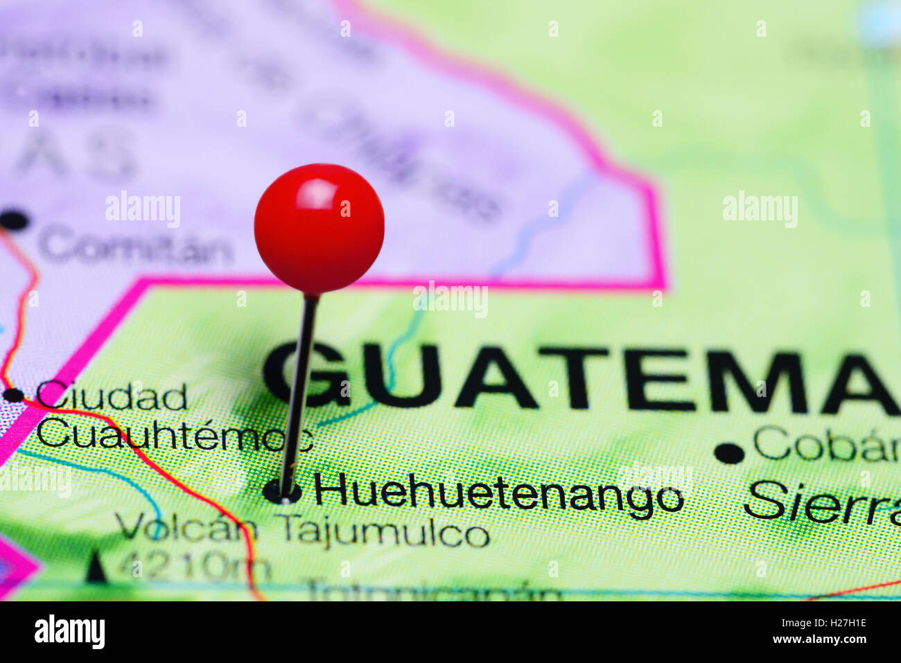 Huehuetenango pinned on a map of Guatemala Stock Photo