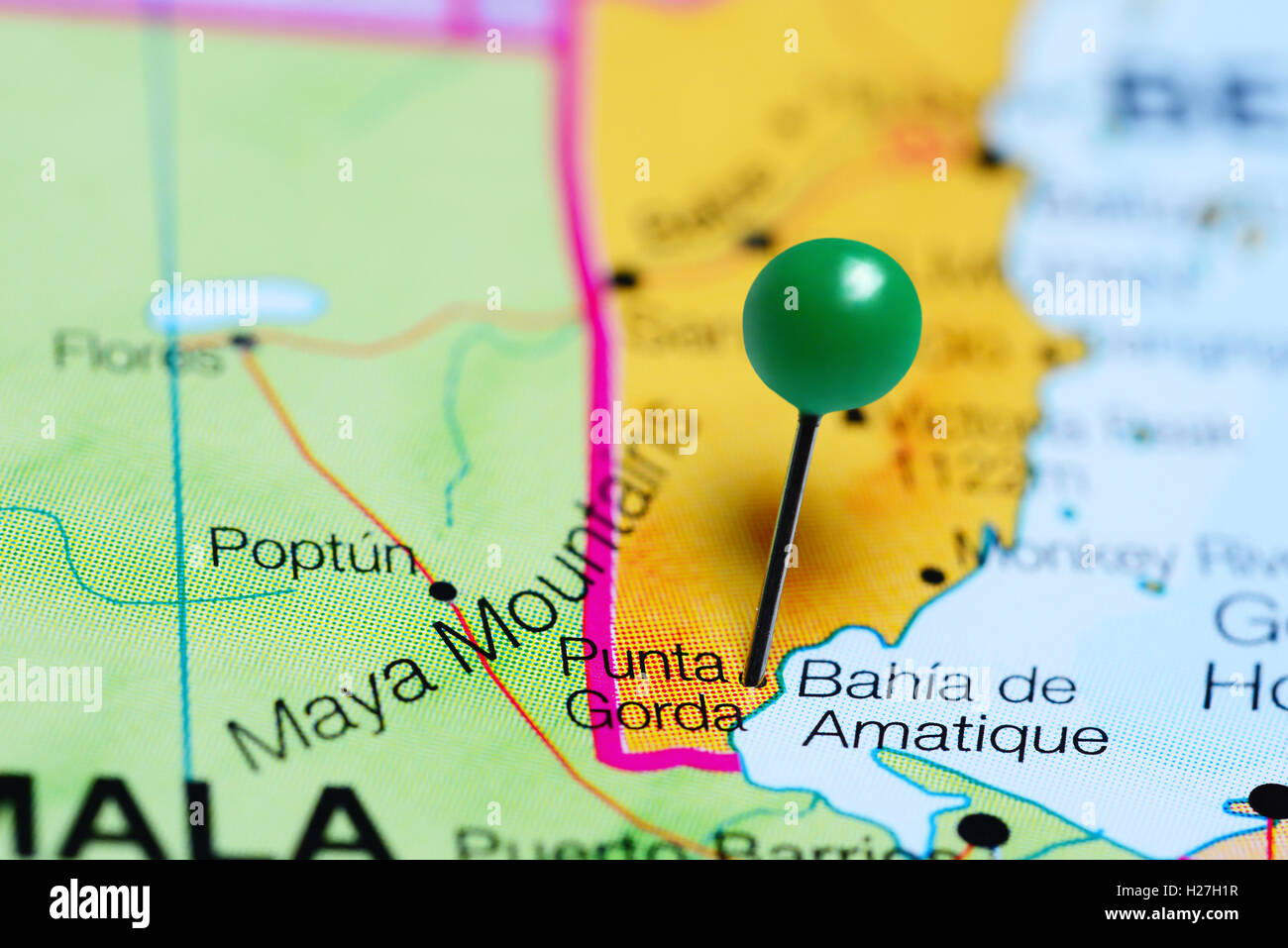 Punta Gorda pinned on a map of Belize Stock Photo