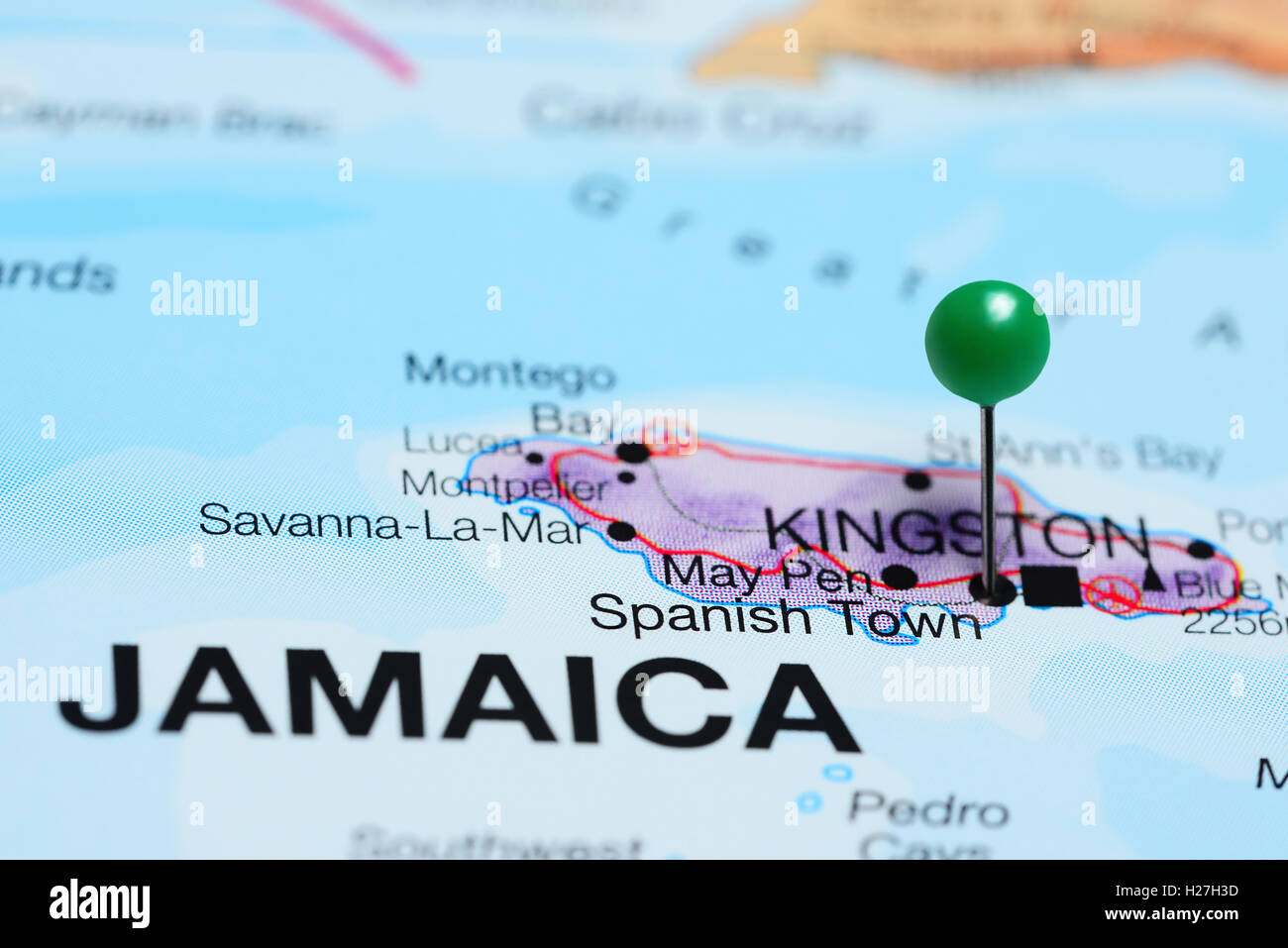 Spanish Town pinned on a map of Jamaica Stock Photo